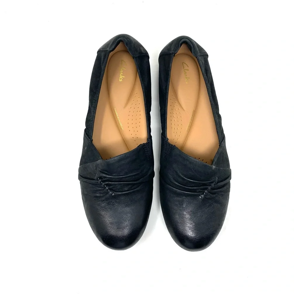Clarks Rena Way Black Leather Ballet Flats Comfort Shoes WIDE